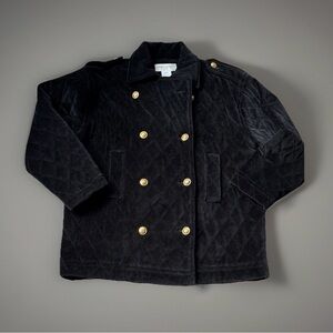 Jones New York Black Velvet Quilted Pea Coat with Gold Buttons Size PL
